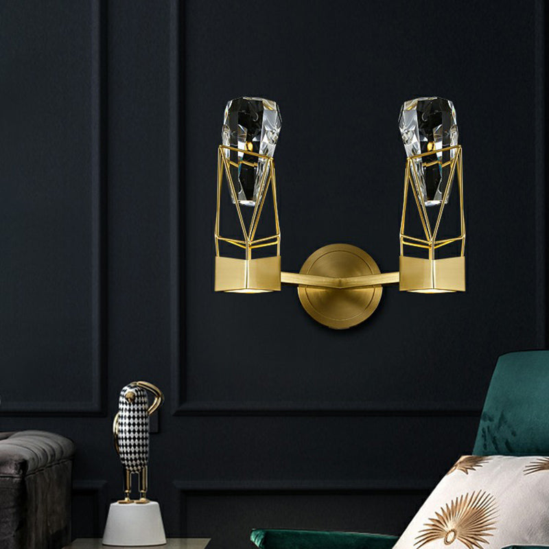 Brass Caged Sconce Lamp Postmodern Metal Wall Light Fixture with Crystal Rock Deco Clearhalo 'Cast Iron' 'Glass' 'Industrial' 'Modern wall lights' 'Modern' 'Tiffany' 'Traditional wall lights' 'Wall Lamps & Sconces' 'Wall Lights' Lighting' 2424695