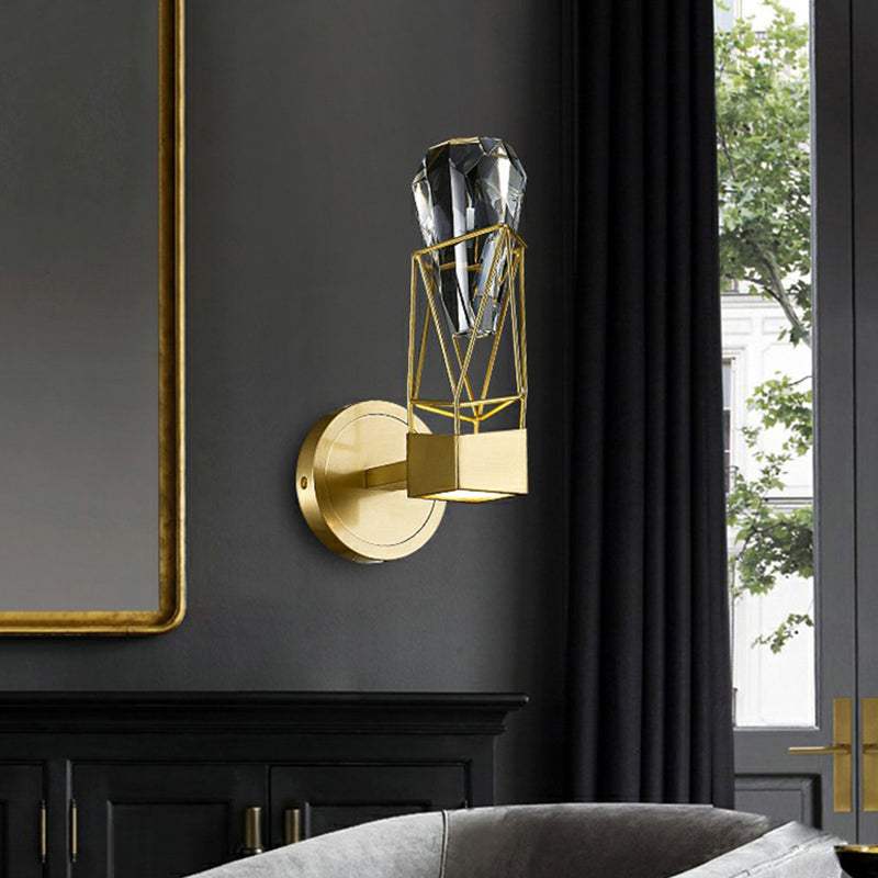 Brass Caged Sconce Lamp Postmodern Metal Wall Light Fixture with Crystal Rock Deco Clearhalo 'Cast Iron' 'Glass' 'Industrial' 'Modern wall lights' 'Modern' 'Tiffany' 'Traditional wall lights' 'Wall Lamps & Sconces' 'Wall Lights' Lighting' 2424697