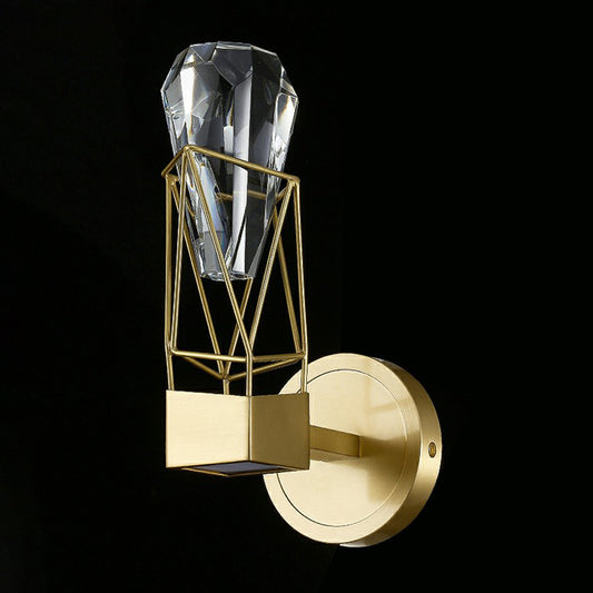 Brass Caged Sconce Lamp Postmodern Metal Wall Light Fixture with Crystal Rock Deco 1.0 Brass Clearhalo 'Cast Iron' 'Glass' 'Industrial' 'Modern wall lights' 'Modern' 'Tiffany' 'Traditional wall lights' 'Wall Lamps & Sconces' 'Wall Lights' Lighting' 2424698