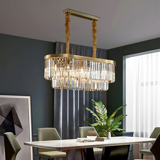 Postmodern Oblong Island Light Clear Crystal Rod Dining Room Pendant Light in Brass Clearhalo 'Ceiling Lights' 'Island Lights' Lighting' 2424721