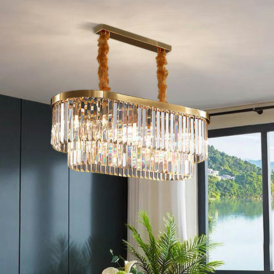 Postmodern Oblong Island Light Clear Crystal Rod Dining Room Pendant Light in Brass Clearhalo 'Ceiling Lights' 'Island Lights' Lighting' 2424725
