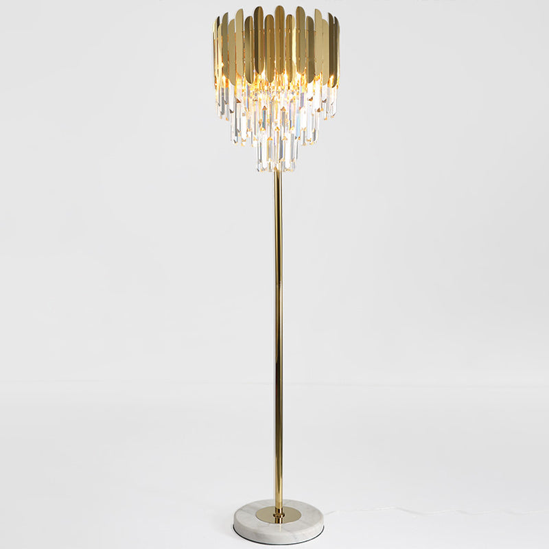 Gold Taper Floor Light Postmodern 3-Light Prismatic Crystal Stand Up Lamp for Living Room Clearhalo 'Floor Lamps' 'Lamps' Lighting' 2424730