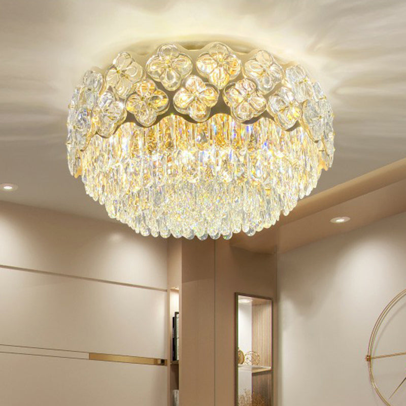 Drum Shaped Bedroom Ceiling Light Opulent Crystal 3-Light Minimalist Flush Mount Light in Clear
