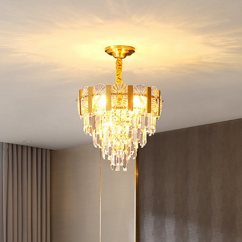 Minimalist Luxurious Conic Suspension Light Crystal 6 Lights Bedroom Chandelier in Gold Clearhalo 'Ceiling Lights' 'Chandeliers' 'Modern Chandeliers' 'Modern' Lighting' 2424842