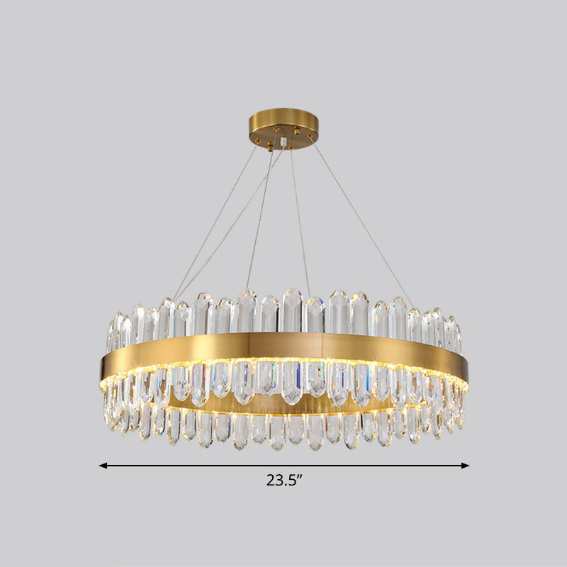 Gold Finish Halo Chandelier Pendant Minimalist K9 Crystal Icicle LED Hanging Light Fixture Gold 23.5" Clearhalo 'Ceiling Lights' 'Chandeliers' 'Modern Chandeliers' 'Modern' Lighting' 2424866