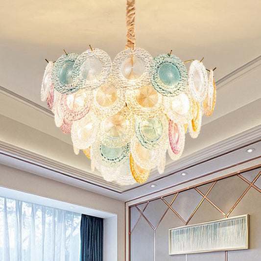 Multi-Colored Glass Discs Chandelier Modern Stylish 10-Light Pendant Ceiling Light for Bedroom Clearhalo 'Ceiling Lights' 'Chandeliers' 'Glass shade' 'Glass' 'Modern Chandeliers' 'Modern' 'Pendant Lights' Lighting' 2424884