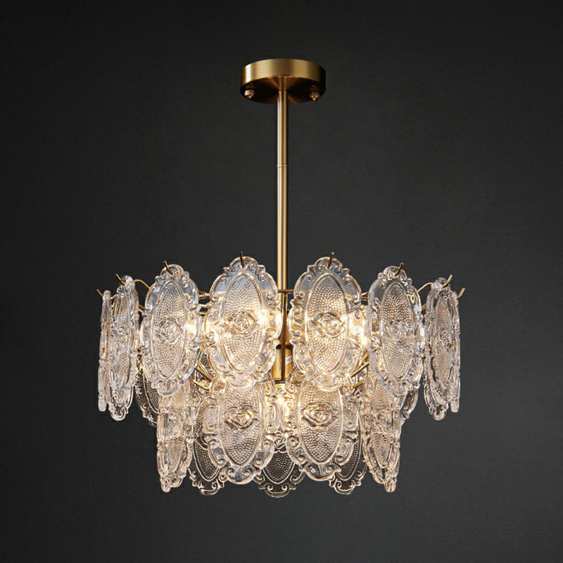 Carved Glass Tiered Pendant Lighting Postmodern Gold Finish Chandelier for Dining Room Clearhalo 'Ceiling Lights' 'Chandeliers' 'Modern Chandeliers' 'Modern' Lighting' 2424902