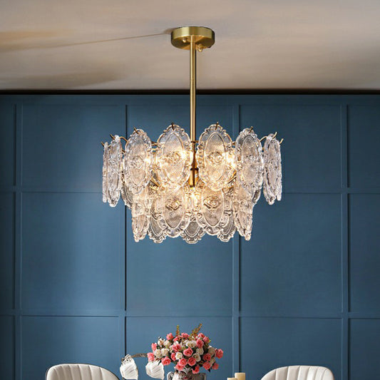Carved Glass Tiered Pendant Lighting Postmodern Gold Finish Chandelier for Dining Room Clearhalo 'Ceiling Lights' 'Chandeliers' 'Modern Chandeliers' 'Modern' Lighting' 2424903