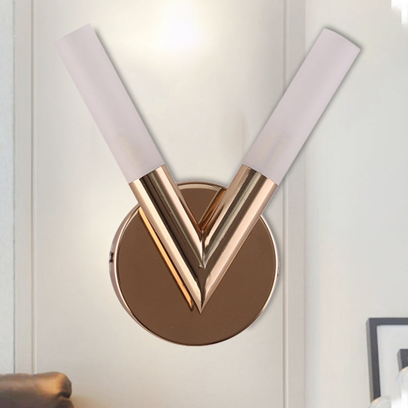 2 Lights Bedroom Sconce Light with V-Shaped White Glass Shade Modern Gold Led Wall Mount Light Clearhalo 'Cast Iron' 'Glass' 'Industrial' 'Modern wall lights' 'Modern' 'Tiffany' 'Traditional wall lights' 'Wall Lamps & Sconces' 'Wall Lights' Lighting' 242586