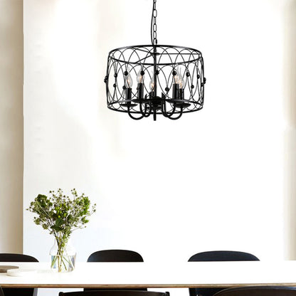 Black Drum Hanging Chandelier Rustic Style Metal 6 Heads Living Room Pendant Ceiling Light with Candle Design Black Clearhalo 'Ceiling Lights' 'Chandeliers' Lighting' options 2426705_42af0de5-9e57-46e6-b24a-44e57b94da6b