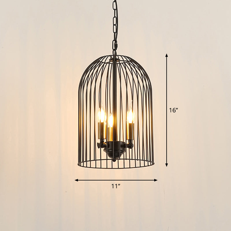 Birdcage Living Room Pendant Chandelier Traditional Metal 3 Lights Black Hanging Fixture with Candle Shade Clearhalo 'Ceiling Lights' 'Chandeliers' Lighting' options 2426713
