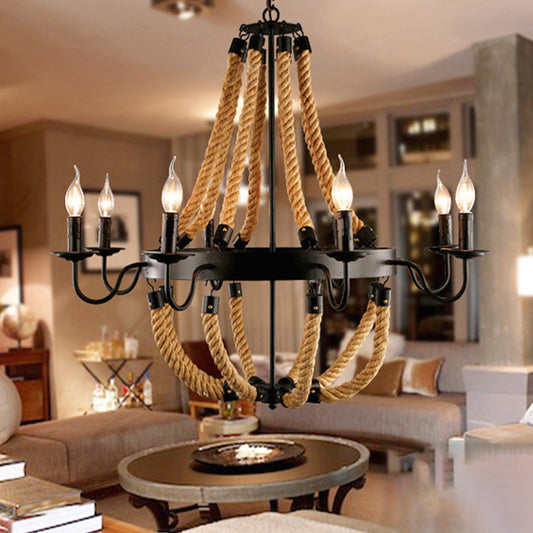 Loft Style Candelabrum Chandelier 8 Bulbs Hemp Rope Hanging Lamp in Black for Living Room Clearhalo 'Ceiling Lights' 'Chandeliers' Lighting' options 2426804