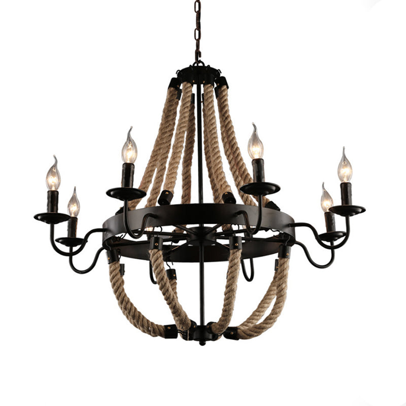 Loft Style Candelabrum Chandelier 8 Bulbs Hemp Rope Hanging Lamp in Black for Living Room Clearhalo 'Ceiling Lights' 'Chandeliers' Lighting' options 2426806