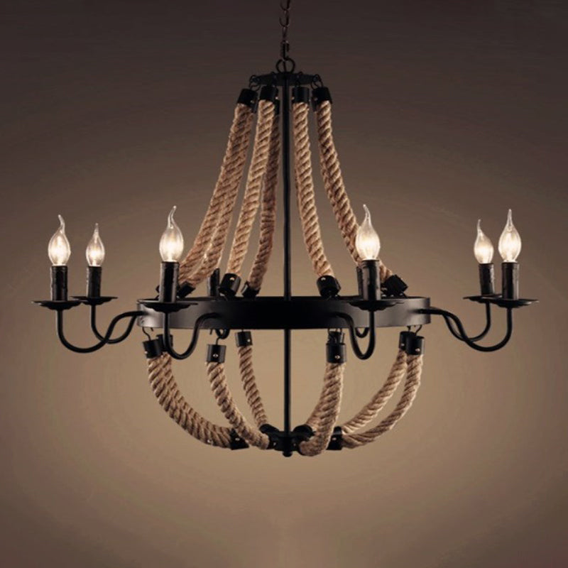 Loft Style Candelabrum Chandelier 8 Bulbs Hemp Rope Hanging Lamp in Black for Living Room Clearhalo 'Ceiling Lights' 'Chandeliers' Lighting' options 2426807