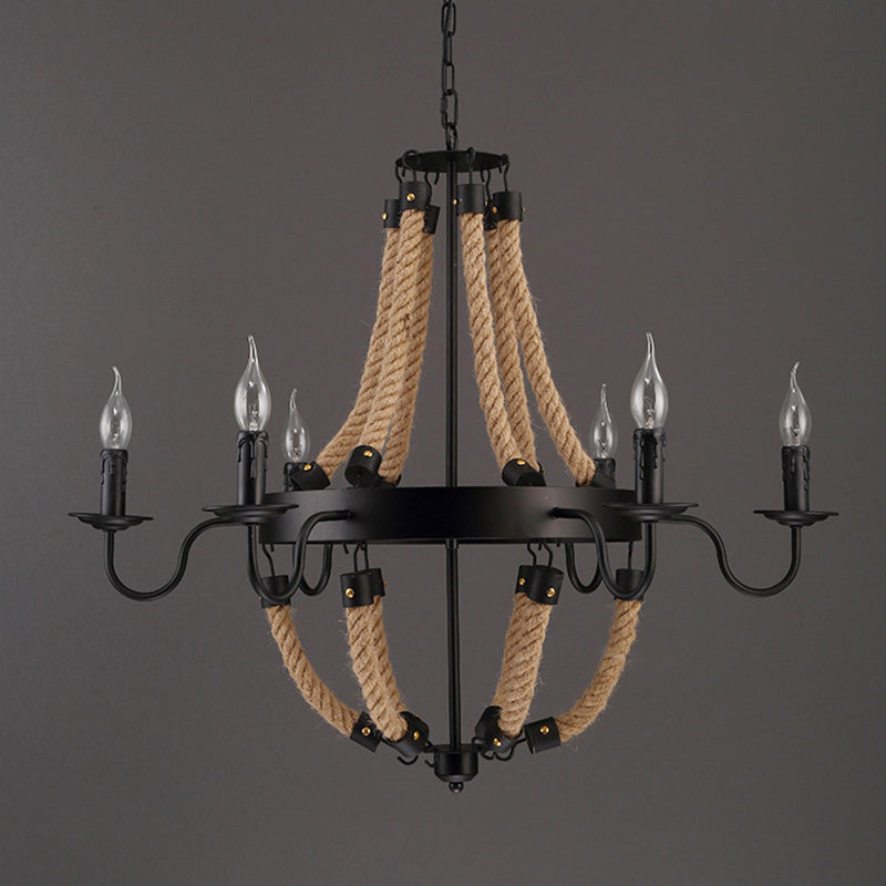 Loft Style Candelabrum Chandelier 8 Bulbs Hemp Rope Hanging Lamp in Black for Living Room Clearhalo 'Ceiling Lights' 'Chandeliers' Lighting' options 2426808