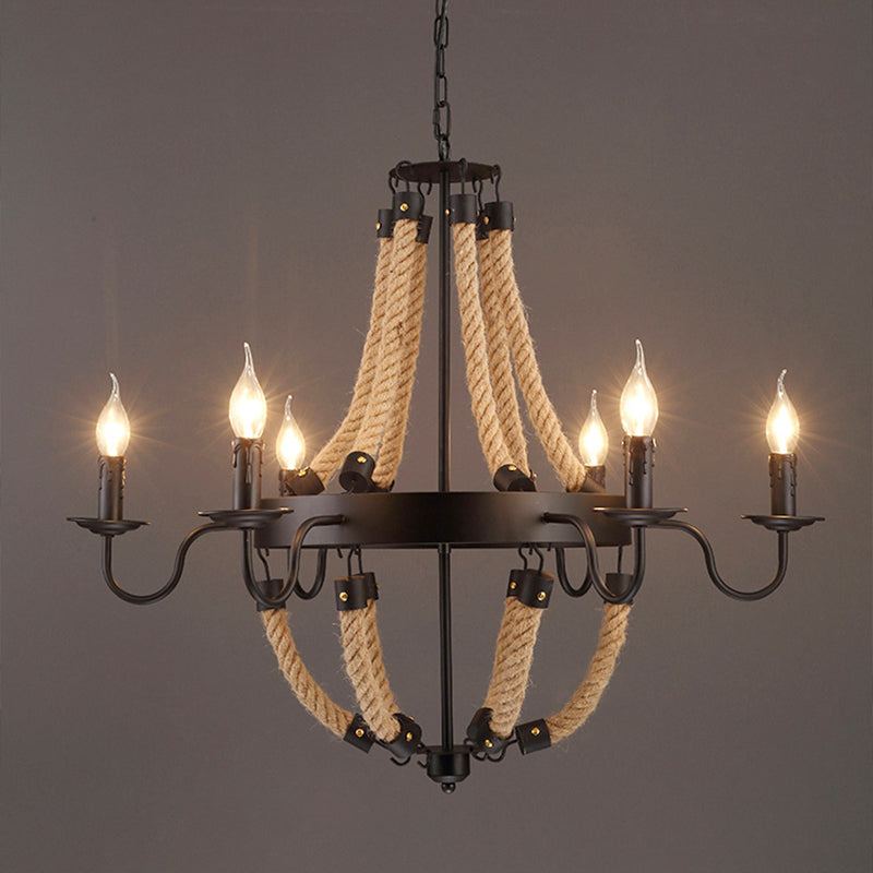 Loft Style Candelabrum Chandelier 8 Bulbs Hemp Rope Hanging Lamp in Black for Living Room 6 Black Clearhalo 'Ceiling Lights' 'Chandeliers' Lighting' options 2426809_31ec4866-a0bc-4c87-b904-feaef41f58f0