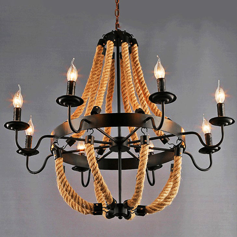 Loft Style Candelabrum Chandelier 8 Bulbs Hemp Rope Hanging Lamp in Black for Living Room Clearhalo 'Ceiling Lights' 'Chandeliers' Lighting' options 2426811