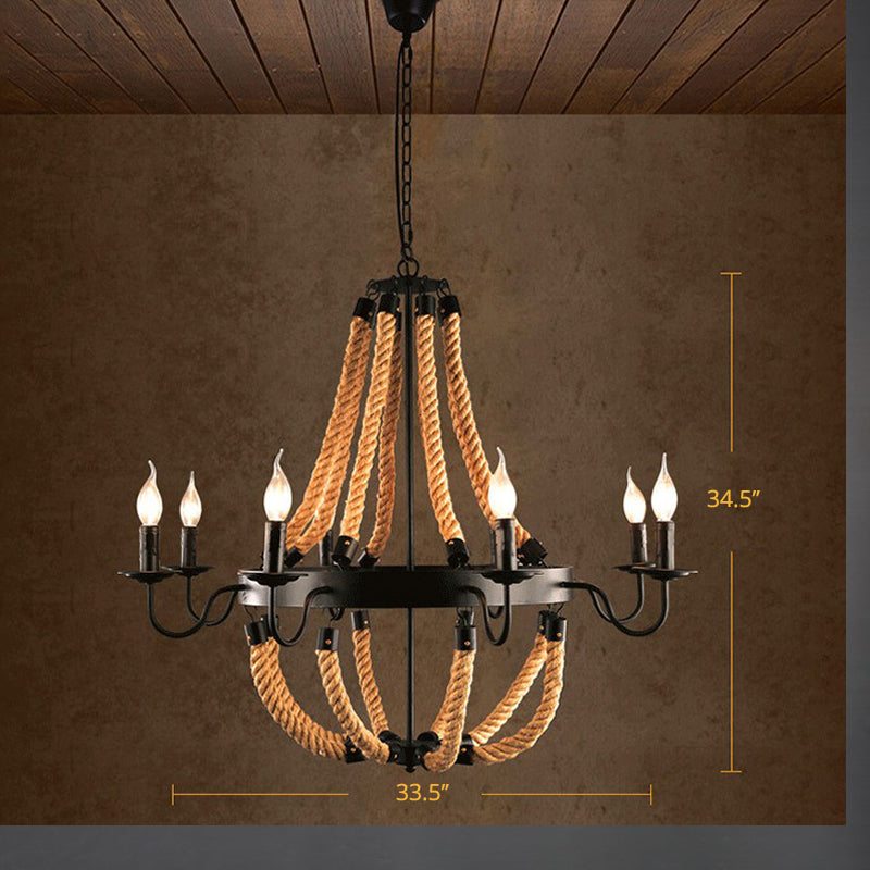 Loft Style Candelabrum Chandelier 8 Bulbs Hemp Rope Hanging Lamp in Black for Living Room Clearhalo 'Ceiling Lights' 'Chandeliers' Lighting' options 2426812