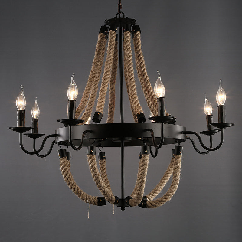 Loft Style Candelabrum Chandelier 8 Bulbs Hemp Rope Hanging Lamp in Black for Living Room Clearhalo 'Ceiling Lights' 'Chandeliers' Lighting' options 2426813