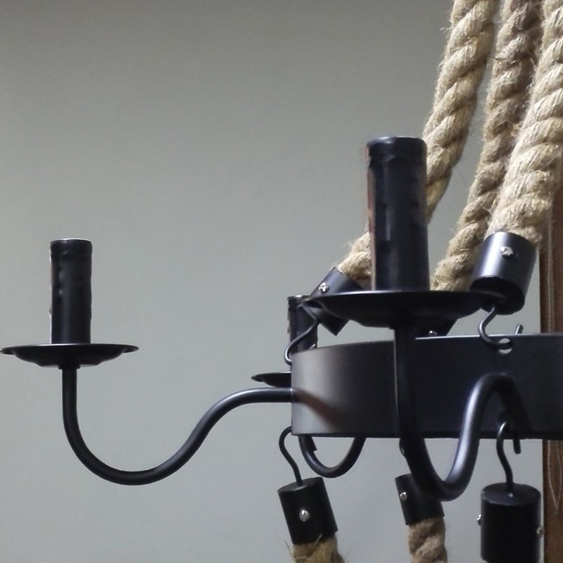 Loft Style Candelabrum Chandelier 8 Bulbs Hemp Rope Hanging Lamp in Black for Living Room Clearhalo 'Ceiling Lights' 'Chandeliers' Lighting' options 2426814