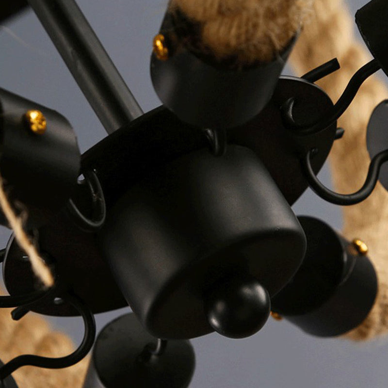 Loft Style Candelabrum Chandelier 8 Bulbs Hemp Rope Hanging Lamp in Black for Living Room Clearhalo 'Ceiling Lights' 'Chandeliers' Lighting' options 2426816
