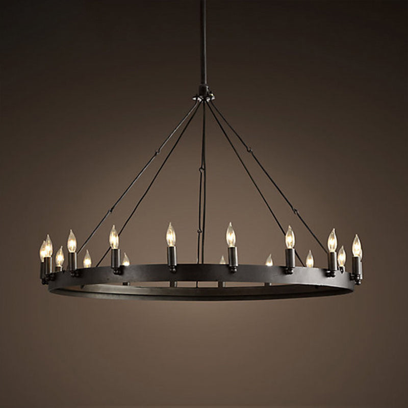 12/18 Lights Circle Chandelier Industrial Black Iron Hanging Lamp Kit with Bare Bulb Design Clearhalo 'Ceiling Lights' 'Chandeliers' Lighting' options 2426818