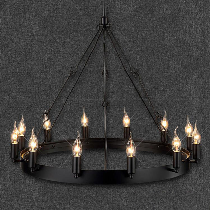 12/18 Lights Circle Chandelier Industrial Black Iron Hanging Lamp Kit with Bare Bulb Design Clearhalo 'Ceiling Lights' 'Chandeliers' Lighting' options 2426820