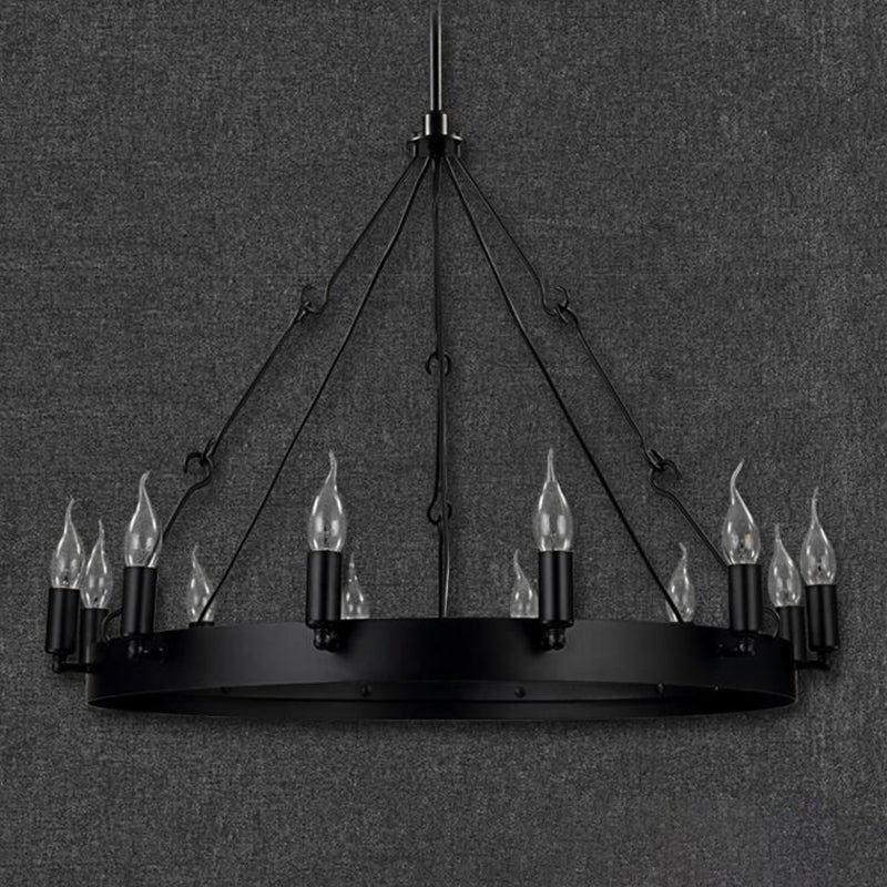 12/18 Lights Circle Chandelier Industrial Black Iron Hanging Lamp Kit with Bare Bulb Design Clearhalo 'Ceiling Lights' 'Chandeliers' Lighting' options 2426821