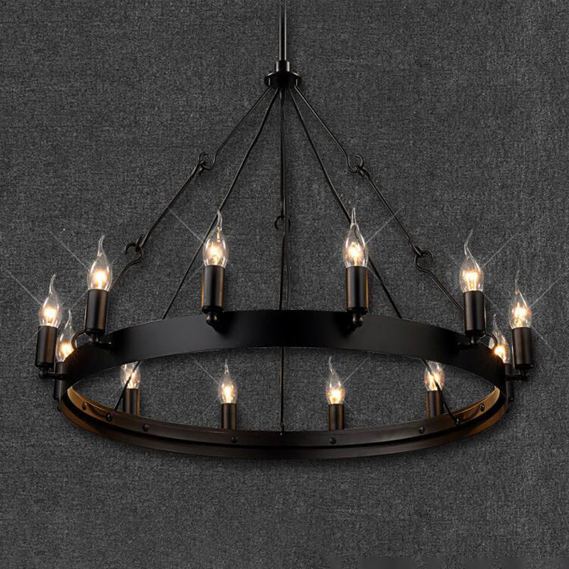 12/18 Lights Circle Chandelier Industrial Black Iron Hanging Lamp Kit with Bare Bulb Design Clearhalo 'Ceiling Lights' 'Chandeliers' Lighting' options 2426822