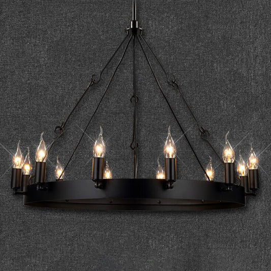 12/18 Lights Circle Chandelier Industrial Black Iron Hanging Lamp Kit with Bare Bulb Design Clearhalo 'Ceiling Lights' 'Chandeliers' Lighting' options 2426823