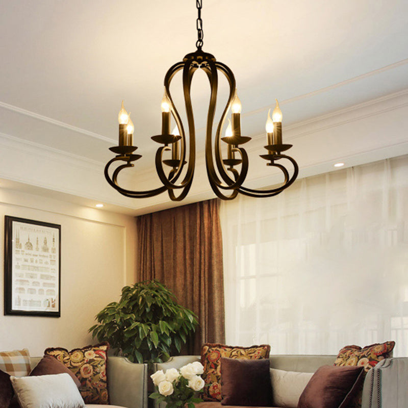 Black Swirled Arm Pendant Lighting Classic-Style Metal 3/5/6 Lights Living Room Chandelier 8 Black Clearhalo 'Ceiling Lights' 'Chandeliers' Lighting' 2426860