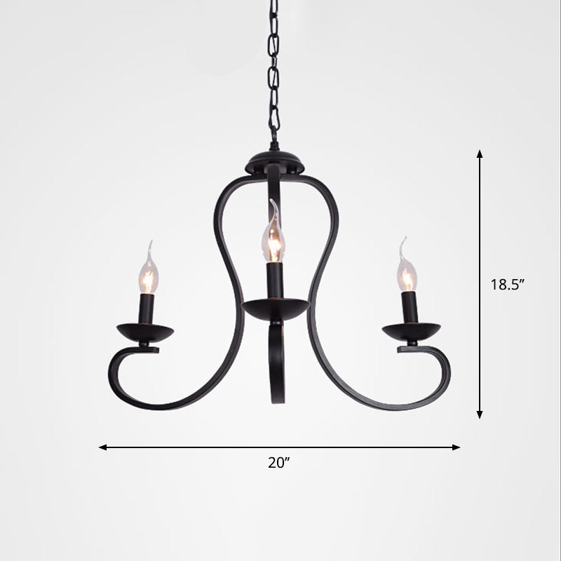 Black Swirled Arm Pendant Lighting Classic-Style Metal 3/5/6 Lights Living Room Chandelier 3 Black Clearhalo 'Ceiling Lights' 'Chandeliers' Lighting' 2426870
