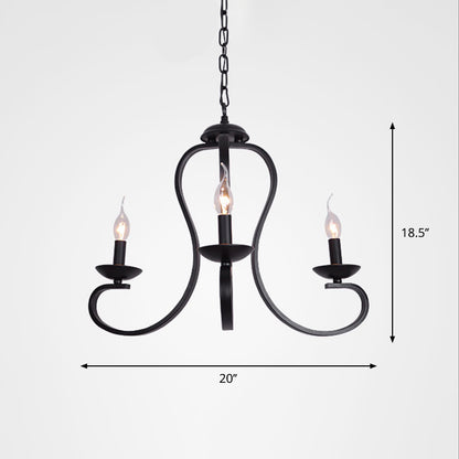 Black Swirled Arm Pendant Lighting Classic-Style Metal 3/5/6 Lights Living Room Chandelier 3 Black Clearhalo 'Ceiling Lights' 'Chandeliers' Lighting' 2426870