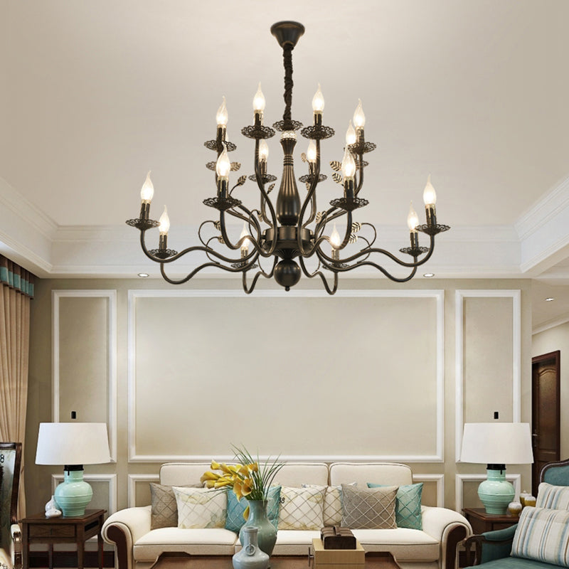 Metal Swooping Arm Hanging Chandelier Traditional 6/12/16 Lights Living Room Pendant Light in Dark Brown Clearhalo 'Ceiling Lights' 'Chandeliers' Lighting' 2426875