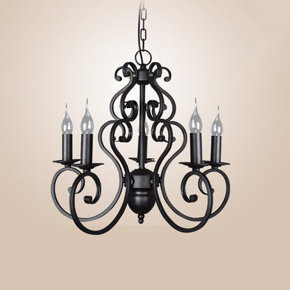 5/6 Lights Metal Pendant Chandelier Classic Black Swirled Arm Living Room Hanging Ceiling Fixture 5 Black Clearhalo 'Ceiling Lights' 'Chandeliers' Lighting' 2426902