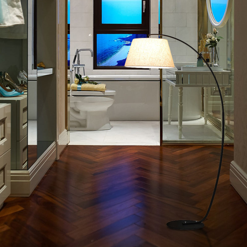 Contemporary Tapered Floor Lamp Fabric LED Standing Light in White/Black with Arc Arm Clearhalo 'Floor Lamps' 'Lamps' Lighting' 242700