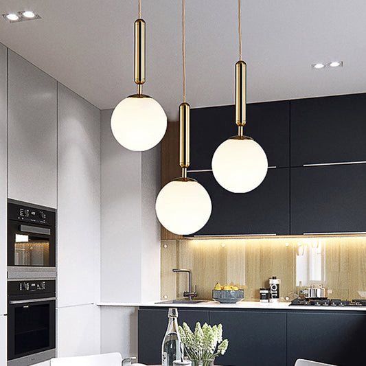 1 Light Kitchen Pendant Light with Ball White Glass Shade Post-Modern Gold Hanging Lamp Kit, 6"/8"/10" Wide Clearhalo 'Ceiling Lights' 'Glass shade' 'Glass' 'Modern Pendants' 'Modern' 'Pendant Lights' 'Pendants' Lighting' 242706