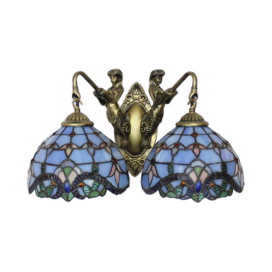 Mediterranean Dome Wall Mounted Light 2 Heads Blue Glass Sconce Lighting for Living Room Clearhalo 'Industrial' 'Middle century wall lights' 'Tiffany wall lights' 'Tiffany' 'Wall Lamps & Sconces' 'Wall Lights' Lighting' 242715