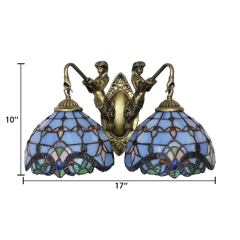 Mediterranean Dome Wall Mounted Light 2 Heads Blue Glass Sconce Lighting for Living Room Clearhalo 'Industrial' 'Middle century wall lights' 'Tiffany wall lights' 'Tiffany' 'Wall Lamps & Sconces' 'Wall Lights' Lighting' 242716