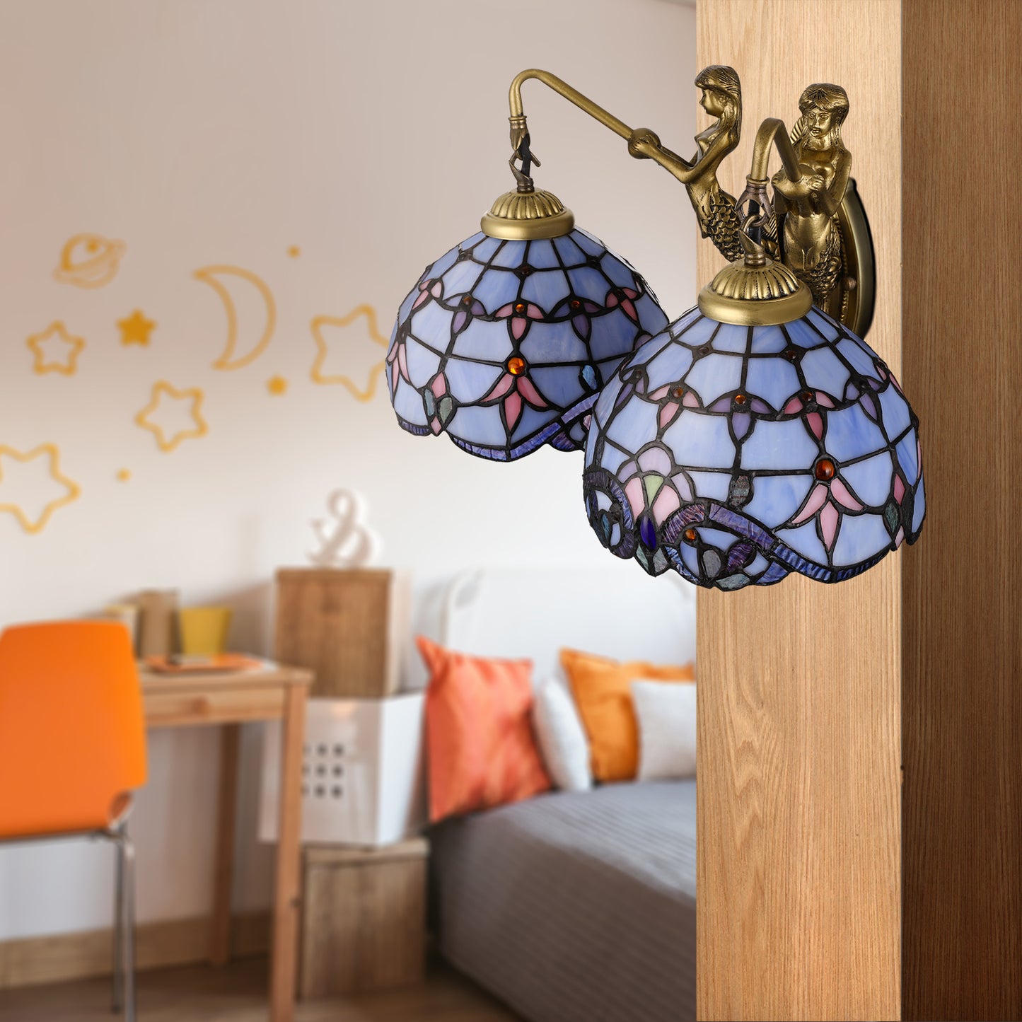 Blue Glass Dome Wall Mounted Light Mediterranean 2 Heads Brass Sconce Lighting with Mermaid Backplate Blue Clearhalo 'Industrial' 'Middle century wall lights' 'Tiffany wall lights' 'Tiffany' 'Wall Lamps & Sconces' 'Wall Lights' Lighting' 242717