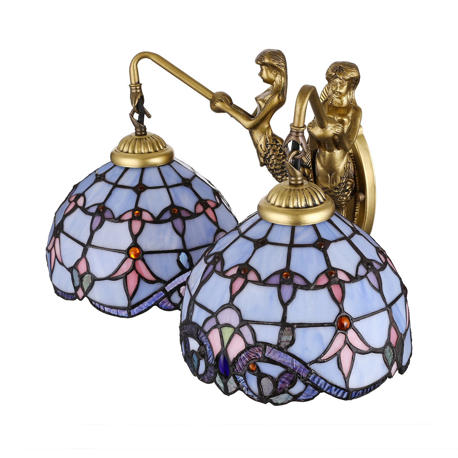 Blue Glass Dome Wall Mounted Light Mediterranean 2 Heads Brass Sconce Lighting with Mermaid Backplate Clearhalo 'Industrial' 'Middle century wall lights' 'Tiffany wall lights' 'Tiffany' 'Wall Lamps & Sconces' 'Wall Lights' Lighting' 242719