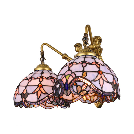 Blue Glass Dome Wall Mounted Light Mediterranean 2 Heads Brass Sconce Lighting with Mermaid Backplate Clearhalo 'Industrial' 'Middle century wall lights' 'Tiffany wall lights' 'Tiffany' 'Wall Lamps & Sconces' 'Wall Lights' Lighting' 242720