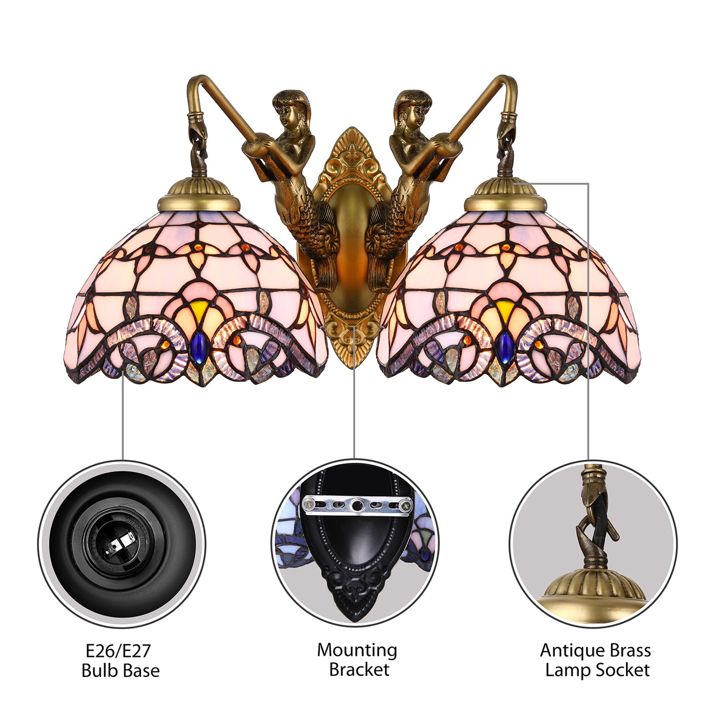 Blue Glass Dome Wall Mounted Light Mediterranean 2 Heads Brass Sconce Lighting with Mermaid Backplate Clearhalo 'Industrial' 'Middle century wall lights' 'Tiffany wall lights' 'Tiffany' 'Wall Lamps & Sconces' 'Wall Lights' Lighting' 242722