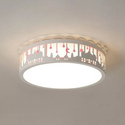 Modern Style Round Flush Ceiling Light with Castle Metal Ceiling Lamp for Kids Bedroom Pink Clearhalo 'Ceiling Lights' 'Close To Ceiling Lights' 'Close to ceiling' 'Flush mount' Lighting' 24280