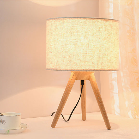 Contemporary Cylinder Task Lighting Fabric LED Reading Book Light with Wooden Tripod Wood Clearhalo 'Lamps' 'Table Lamps' Lighting' 242905