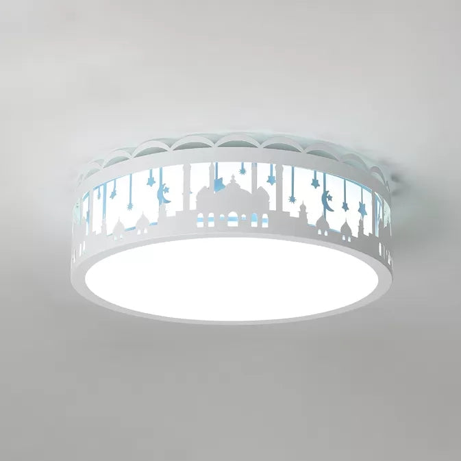 Modern Style Round Flush Ceiling Light with Castle Metal Ceiling Lamp for Kids Bedroom Blue Clearhalo 'Ceiling Lights' 'Close To Ceiling Lights' 'Close to ceiling' 'Flush mount' Lighting' 24292
