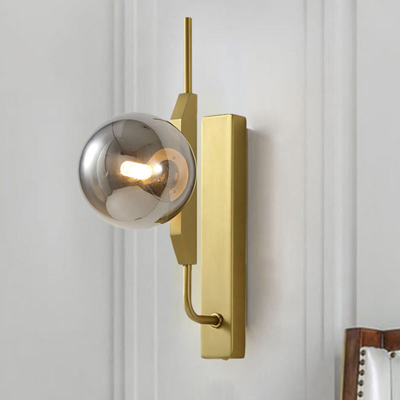 Led Bedroom Sconce Lighting with Sphere Smoky/White/Amber Glass Shade Modernist Brass Wall Mount Light Clearhalo 'Cast Iron' 'Glass' 'Industrial' 'Modern wall lights' 'Modern' 'Tiffany' 'Traditional wall lights' 'Wall Lamps & Sconces' 'Wall Lights' Lighting' 242935