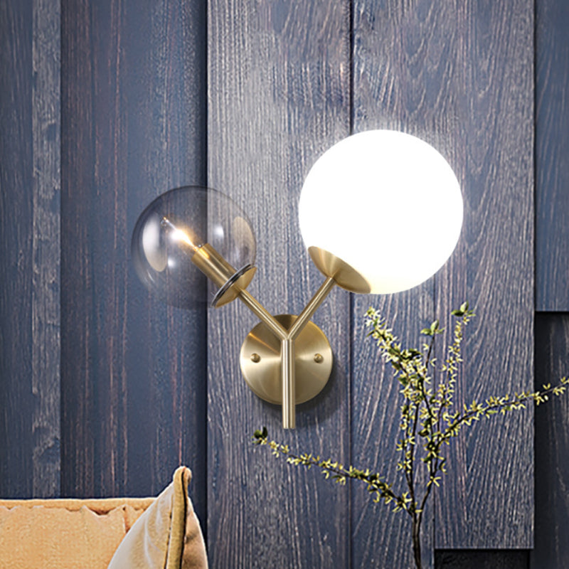 Modern 2 Lights Wall Lamp with Smoke and White Glass Shade Gold Globe Sconce Light Fixture Gold Clearhalo 'Cast Iron' 'Glass' 'Industrial' 'Modern wall lights' 'Modern' 'Tiffany' 'Traditional wall lights' 'Wall Lamps & Sconces' 'Wall Lights' Lighting' 242991