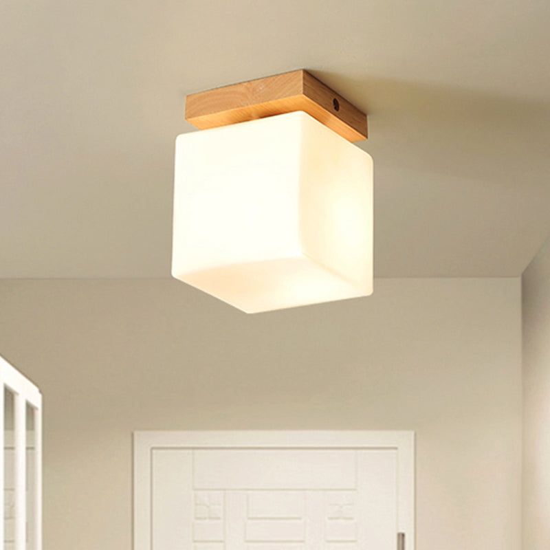 Porch Cube Shape Flush Ceiling Light Wood & Glass 1 Head Japanese Stylish White Ceiling Lamp Clearhalo 'Ceiling Lights' 'Close To Ceiling Lights' 'Close to ceiling' 'Glass shade' 'Glass' 'Semi-flushmount' Lighting' 243026