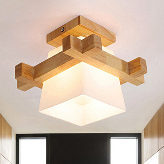 Opal Glass Trapezoid Pendant Light with Wood Deco 1 Head Japanese Style Ceiling Lamp in White for Bedroom Wood Clearhalo 'Ceiling Lights' 'Close To Ceiling Lights' 'Close to ceiling' 'Semi-flushmount' Lighting' 243041